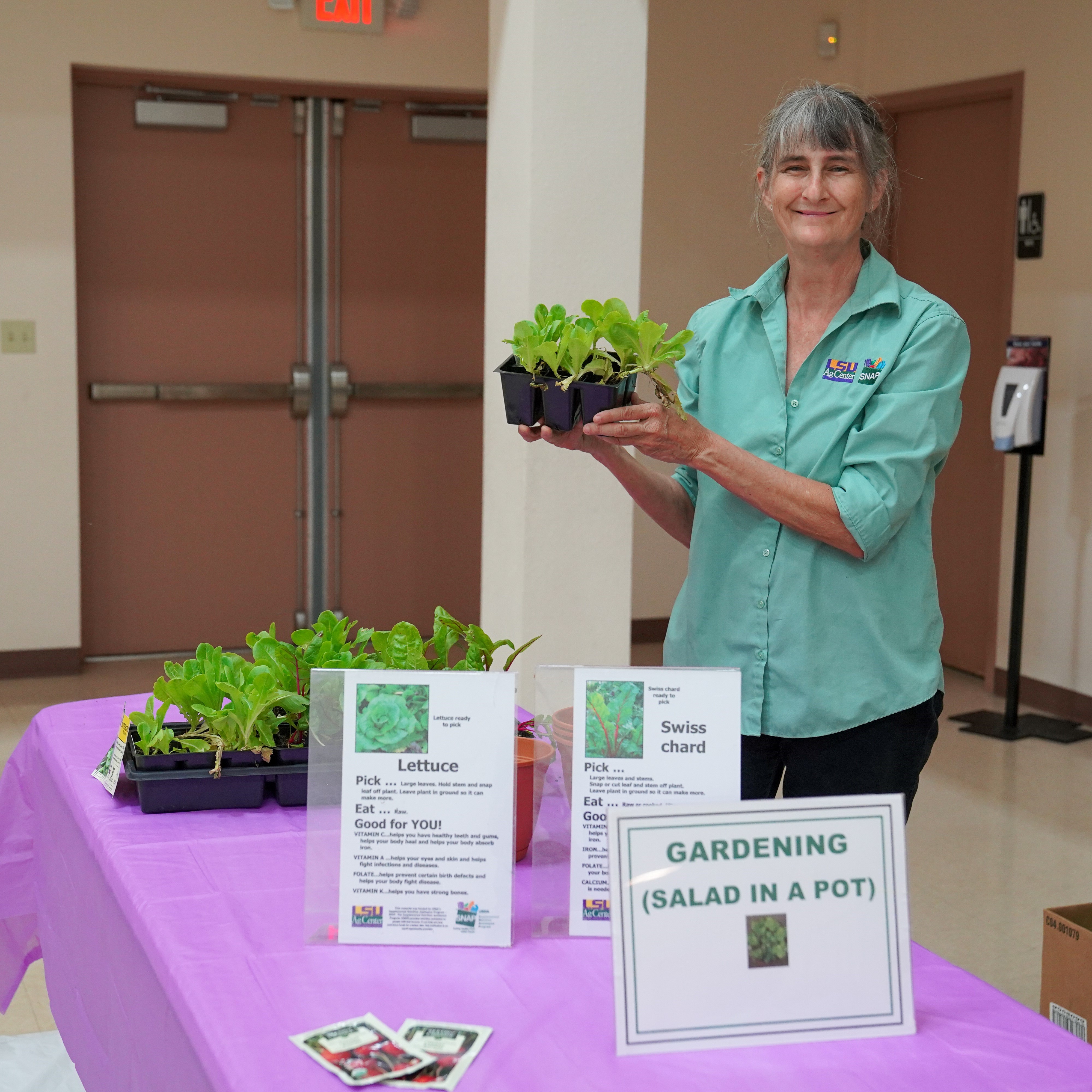 Woman holding a flat of lettuce seedlings
